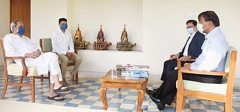 Chief Minister Naveen Patnaik interacting with executive chairman of ArcellorMittal Nippon Steel LN Mittal at Naveen Nivas in Bhubaneswar on August 21, 2021. (Photo | Express)