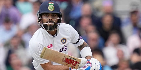 India's Virat Kohli plays a shot off the bowling of England's James Anderson on the first day of the fourth Test between England and India at The Oval cricket ground in London. (Photo | AP)