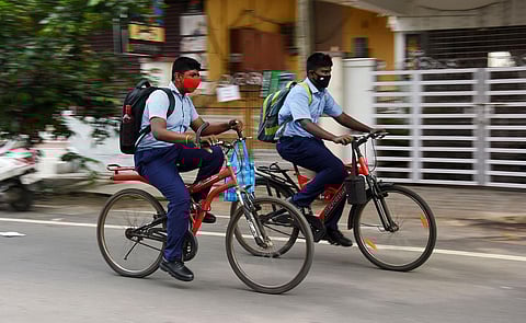 Students cycling to school at Nanganallur on Thursday | Ashwin Prasath