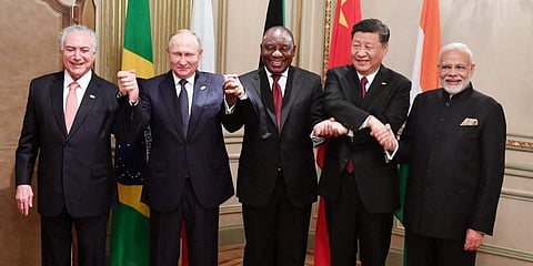 BRICS leaders came together for a joint picture. (File photo| Twitter/@MEAIndia)