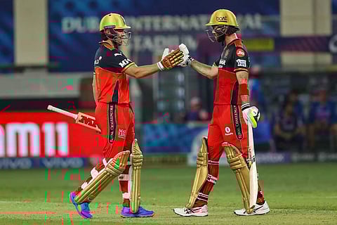 AB de Villiers of Royal Challengers Bangalore and Glenn Maxwell of Royal Challengers Bangalore celebrate the win during the Indian Premier League match. (Photo | PTI)