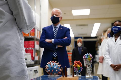 President Joe Biden visits the Viral Pathogenesis Laboratory at the National Institutes of Health (NIH) in Bethesda, Md. (File Photo | AP)