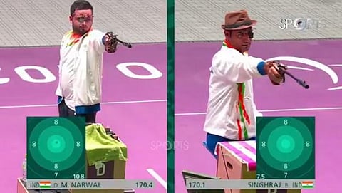 (Left) Manish Narwal and (Right) Singhraj Adhana have won gold and silver medals respectively in the Tokyo paralympics games. (Photo | DD Sports screenshot)