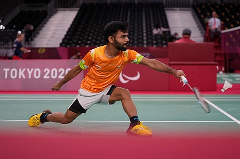 Krishna Nagar competes against Hong Kong's Chu Man Kai during men's singles SH6 gold medal badminton match at the Tokyo 2020 Paralympic Games. (Photo | AP)