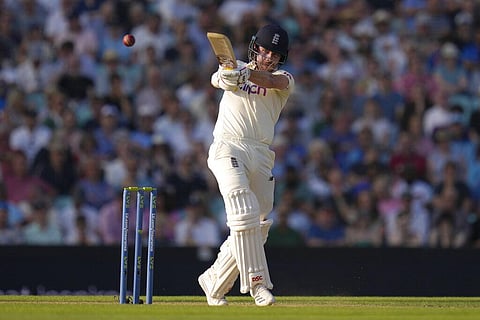 England's Rory Burns plays a shot off the bowling of India's Umesh Yadav on day four of the fourth Test match at The Oval cricket ground in London, Sunday, Sept. 5, 2021. (Photo | AP)