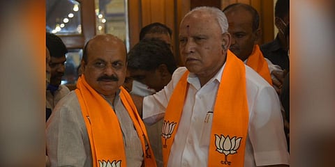CM Basavaraj Bommai (L) with his predecessor B S Yediyurappa (R) (File Photo| Vinod Kumar T, EPS)