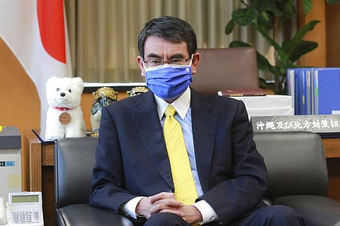 Japanese Vaccine Minister Taro Kono during an interview. (File photo| AP)