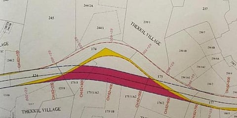 The land (yellow) acquired as per the original plan at Thekkil village in Kasaragod. The new plan is to straighten the curve on the highway. (Photo | Express)