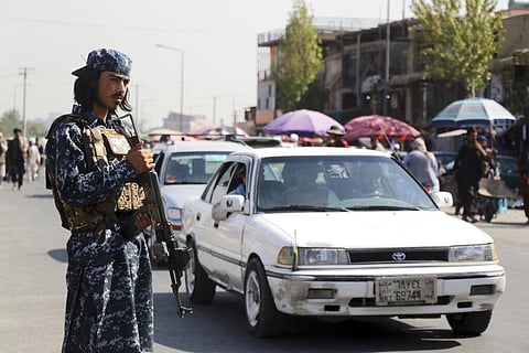 Taliban fighter stand guards in the city of Kabul, Afghanistan, Saturday, Sept. 4, 2021. (Photo | AP)