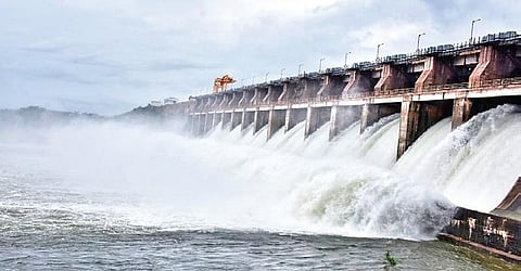Water being released from the Lower Manair Dam in Karimnagar.