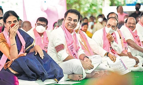 TRS working president KT Rama Rao shares a lighter moment with his party colleagues during a meeting in Hyderabad on Tuesday. (Photo | Express)
