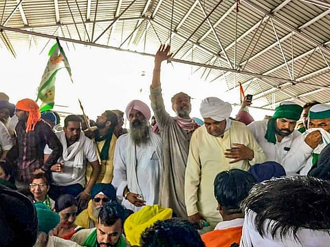 Farmers during their Kisan Mahapanchayat against the central government's three farm reform laws, in Karnal, Tuesday, Sept. 7, 2021. (Photo | PTI)
