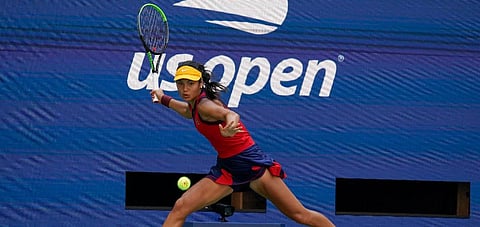 Emma Raducanu, of Great Britain, returns a shot to Belinda Bencic, of Switzerland, during the quarterfinals of the US Open tennis championships, Wednesday, Sept. 8, 2021, in New York. (Photo | AP)