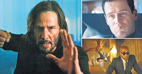 Keanu Reaves (L), Laurence Fishburne (bottom right) and Hugo Weaving have played key roles in the previous editions of Matrix film franchise.