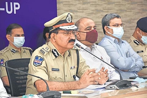 Telangana DGP M Mahender Reddy, along with senior police officials, addresses the media during the Annual Roundup 2021 in Hyderabad on Friday | R V K Rao