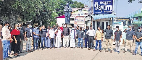 TPDK members protest after the statue was vandalised, on Sunday, Jan 9, 2022. (Photo | Express)
