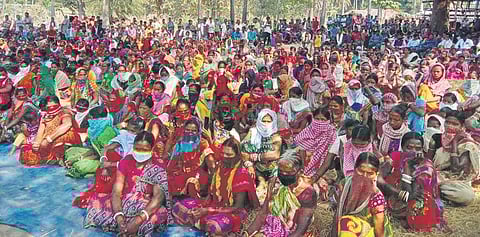 Villagers staging protest against the cement plant project at Katamateru. (Photo| EPS)