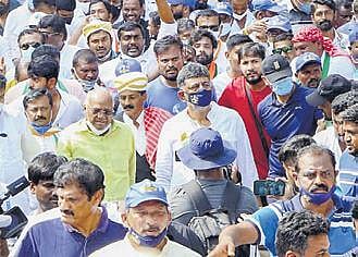 KPCC president DK Shivakumar and Congress workers on Day 2 of their 10-day padayatra on Monday