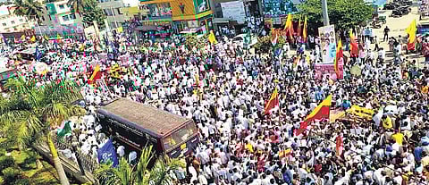 A huge crowd taking part in the Mekedatu padayatra en route to Ramanagara on Tuesday | EXPRESS