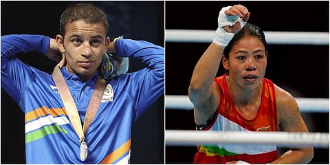 Boxers Amit Panghal (L) and MC Mary Kom. (File photo| AP and PTI)