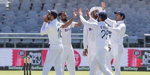 India celebrate the wicket of Kyle Verreynne during the second day of the third and final test match between South Africa and India in Cape Town, South Africa, Wednesday, Jan. 12, 2022. (Photo | AP)