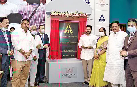 Andhra Pradesh Chief Minister YS Jagan Mohan Reddy and other ministers during the inauguration of ITC Welcome Hotel in Guntur on Wednesday, Jan 12, 2022. (Photo | Express)