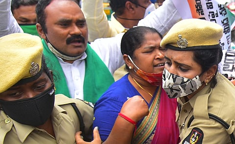 File - Congress MLA Danasari Anasuya commonly known as Seethakka arrested near Pragathi Bhavan during a protest on Friday, Sep 17, 2021. (Photo | ENS)