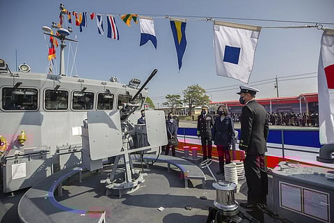 Taiwanese President Tsai Ing-wen inspects one of the newly commissioned navy minelayers in Kaohsiung city in southern Taiwan. (Photo | AP)