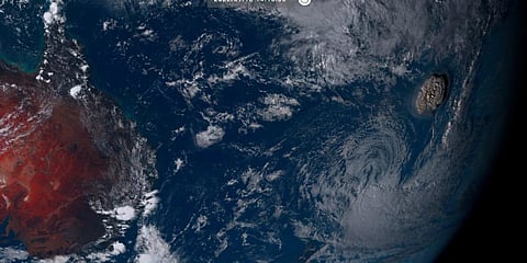 This satellite image taken by Himawari-8, a Japanese weather satellite shows an undersea volcano eruption, right, at the Pacific nation of Tonga (Photo | AP)