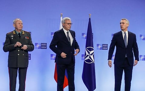 NATO Secretary General Jens Stoltenberg, right, Russia's Deputy Foreign Minister Alexander Grushko, center, and Russia's Deputy Defense Minister Alexander Fomin at NATO headquarters. (Photo| AP)