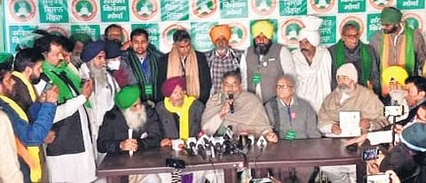 SKM leaders announce their decision to the media on Saturday. (Photo | EPS)