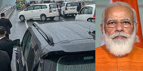 PM Narendra Modi's convoy stuck on a flyover as the road was blocked by a group of protestors, in Ferozepur. (Photo | PTI)