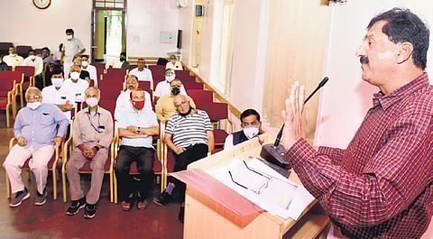 Institute of Engineers, Karnataka Centre chairman M Lakshman addresses a gathering in Mysuru. (Photo| EPS)