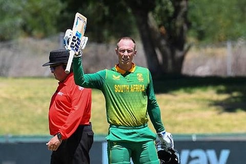 Rassie van der Dussen celebrates after scoring a century during the first ODI between South Africa and India at Boland Park in Paarl (Photo | AFP)