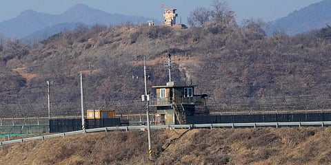 Military guard posts of North Korea, rear, and South Korea, front, are seen in Paju, near the border with North Korea, South Korea. (Photo | AP)