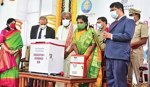 Governor Tamilisai Soundararajan inaugurates the grievance / suggestions box kept in front of the Raj Bhavan in Hyderabad on Saturday