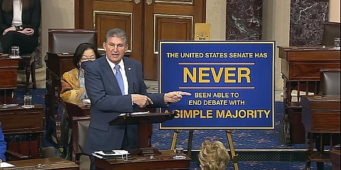 In this image from Senate Television, Sen. Joe Manchin, D-W.Va., speaks on the floor of the U.S. Senate Wednesday, Jan. 19, 2022, at the U.S. Capitol in Washington. (Photo | AP)