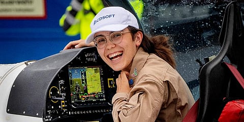 Belgium-British teenage pilot Zara Rutherford smiles after she landed with her Shark ultralight plane at the Egelsbach airport in Frankfurt. (Photo | AP)