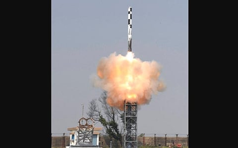 BrahMos missile with new technology being test fired from ITR off Odisha coast on Thursday. (Photo | EPS)