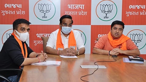 Gujarat state BJP president CR Patil virtually addressing party workers on Thursday. (Photo | EPS)