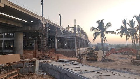Ongoing construction works at the upcoming elevated Challaghatta Metro station (Photo | Express)