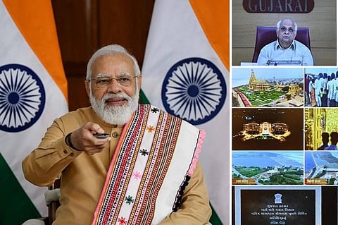 PM Narendra Modi virtually inaugurating a newly-built circuit house near the Somnath temple in Gujarat. (Photo | EPS)