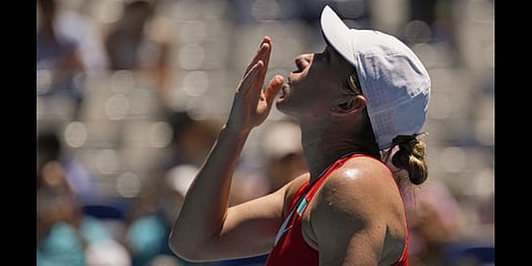 Simona Halep of Romania reacts after defeating Danka Kovinic of Montenegro in their third round match at the Australian Open.(Photo |AP)