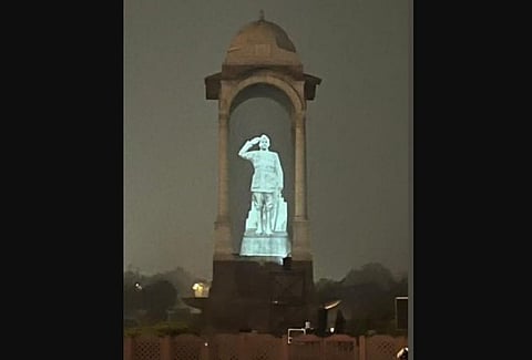 PM Narendra Modi unveiled a hologram statue of Netaji on Sunday. (Pic: Twitter@narendramodi)
