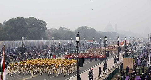Soldiers march during the full dress rehearsal for the Republic Day parade in New Delhi on Sunday. (Photo | Shekhar Yadav, EPS)