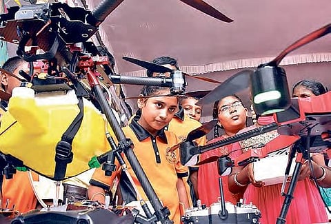 Agriculture drones displayed at the Amaravati Mini Maker Faire. (Photo | R V K Rao, EPS)