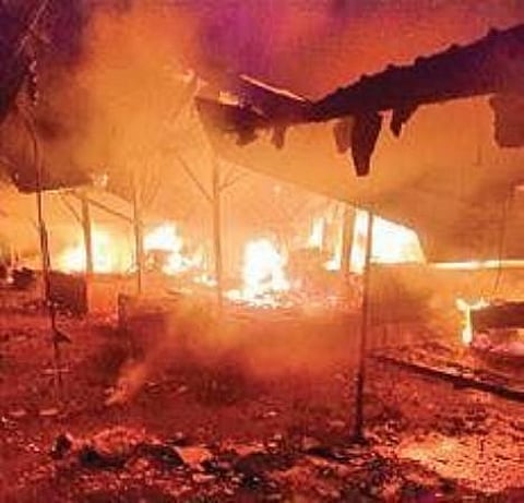 A massive fire that broke out in Jeypore main market in Koraput in the wee hours of Sunday. (Photo | Express)