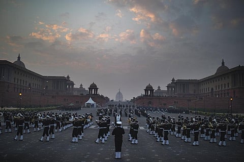 An Indian military band performs during rehearsals for the upcoming Beating Retreat ceremony at Raisina hill. (Photo | AP)