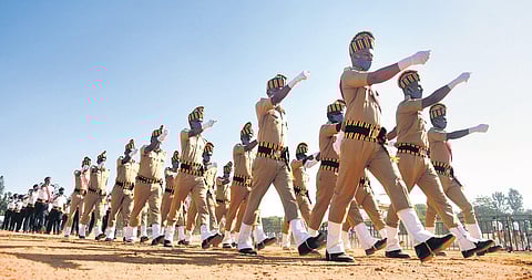 A police contingent marches during a full-dress rehearsal ahead of Republic Day, at the Manekshaw Parade Grounds in Bengaluru on Monday | Ashishkrishna HP