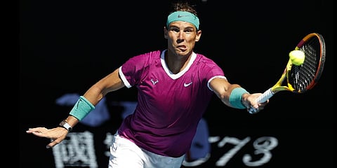 Rafael Nadal of Spain plays a forehand return to Denis Shapovalov of Canada during their quarterfinal match at the Australian Open tennis championships.(Photo | AP)